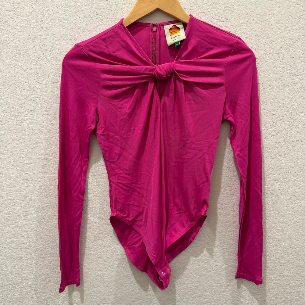 Farm Rio Pink Knot Front Long Sleeve Bodice Magenta Keyhole Bodysuit XS